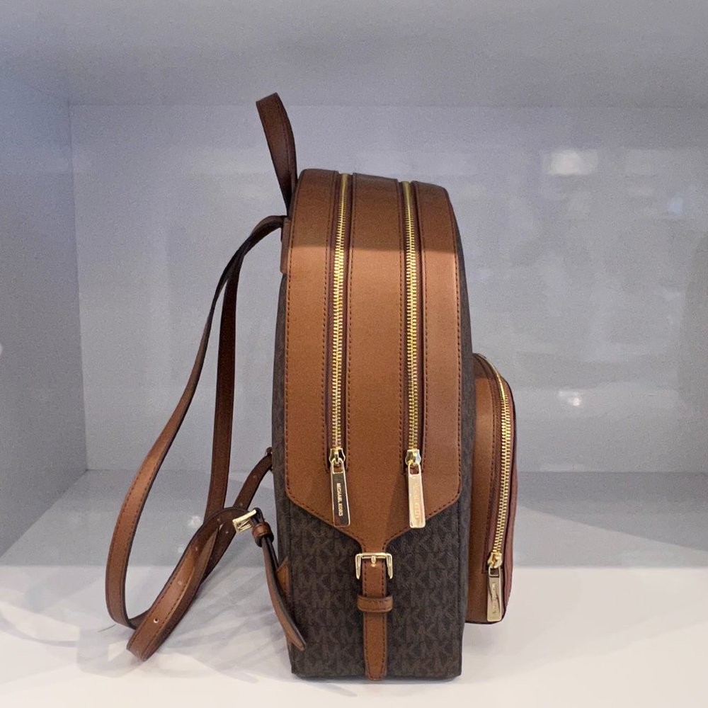 Michael Kors Jaycee Large Zip Pocket Front Backpack MK Signature Brown - Picture 3 of 9